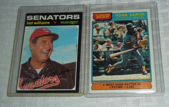 Vintage HOF Baseball Card Pair 1971 Topps Ted Williams & 1976 Hank Aaron Cards