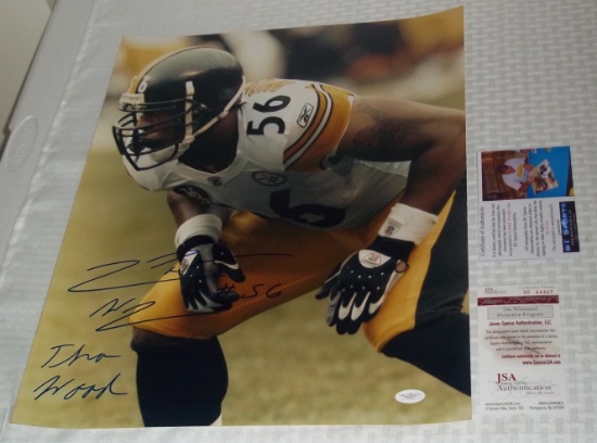 Lamarr Woodley Steelers NFL Football Autographed Signed 16x20 Photo The Wood Inscription JSA COA