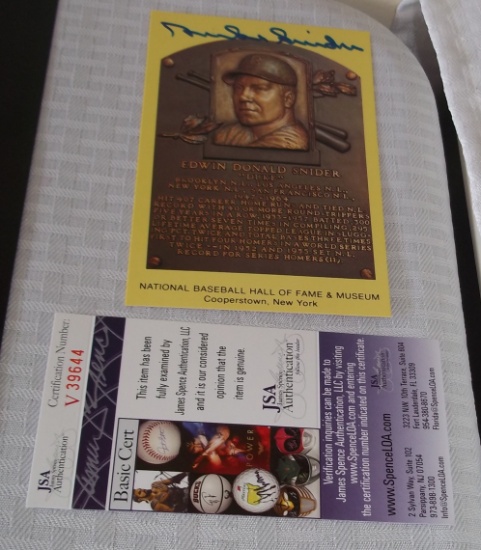 Duke Snider Autographed Signed HOF Plaque Postcard Dodgers JSA COA Hall Of Fame