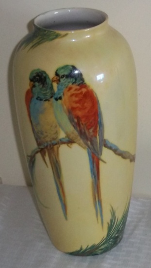 Vintage Hand Painted Pair Birds Branch Vase Lamp Part? Artist Signed Carson Limoges France 10 1/2''