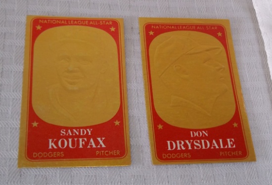 2 Vintage 1965 Topps Baseball Embossed Dodgers HOF Pair Sandy Koufax & Don Drysdale