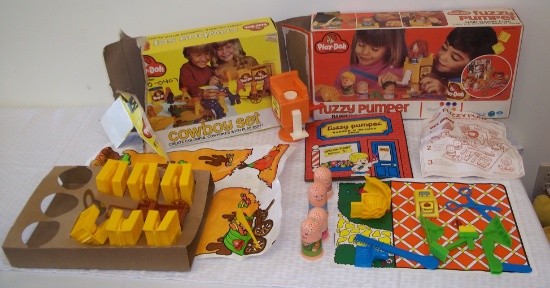 Vintage 1970s Play Doh Lot Pair w/ Boxes Many Accessories Cowboy Set Fuzzy Pumper Barber Shop Kenner