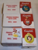 3 Campbell's Soup Christmas Ornaments Ball Lot Brand New MIB 2000 2001 2002