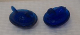 Vintage Blue Glass Hen & Sheep On Nest Mini Small Dishes Repro