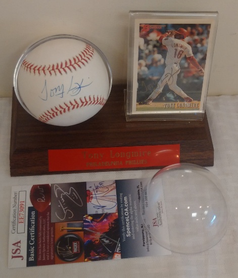 Tony Longmire Autographed Signed ROMLB Baseball Ball Phillies w/ Display & Bowman RC Rookie Card JSA