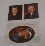 2 Vintage Postcard Lot Penn State Seal Woman 1908 Rare w/ Nixon Lodge Jr Campaign Promo Handout 1960