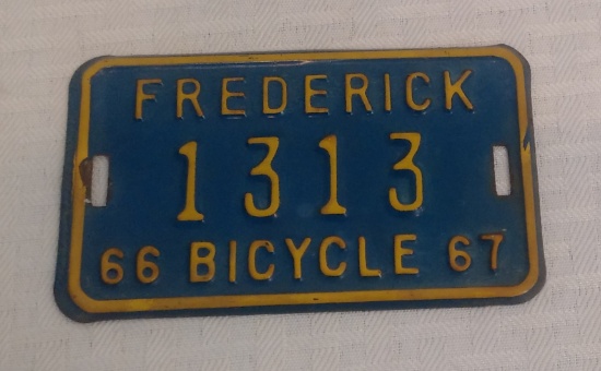 Rare Vintage Metal Official Issue Bicycle License Plate Frederick Maryland MD 1966 1967 #1313