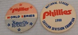 2 Vintage 1980 World Series Large Jumbo Button Pin Lot Champions Phillies Royals