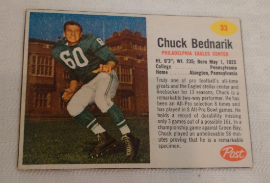 Vintage 1962 Post Cereal NFL Football Card #28 Chuck Bednarik Eagles HOF