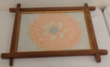 Antique Vintage Walnut Wood Frame Stitched Flower Wall Art
