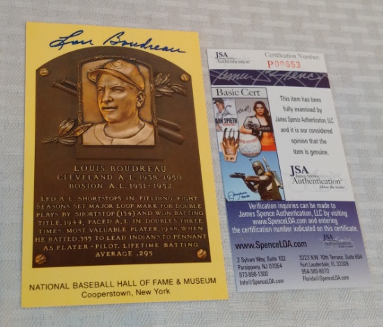 Lou Boudreau Autographed HOF Plaque Card Indians Baseball MLB JSA COA