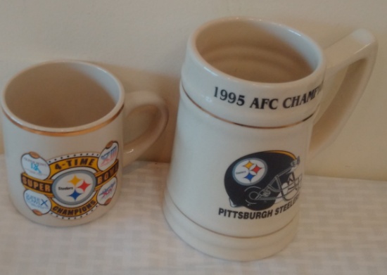 2 Vintage Pittsburgh Steelers Mug Stein Lot Pair AFC Champions 4 Time Super Bowl