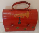 Vintage 1940s 1950s Metal Lunch Box Folk Art Custom Painted Nice Artwork Leather Handle