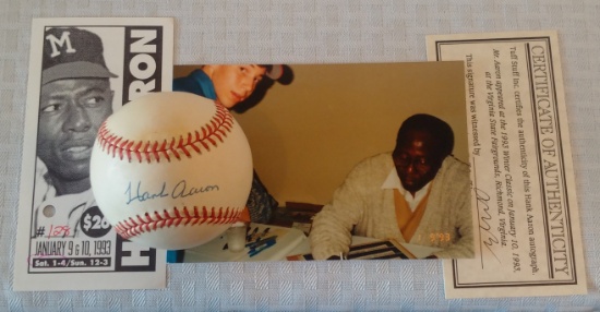 Autographed Signed ROMLB Baseball ST Tuff Stuff COA HOF Hank Aaron Braves Picture Proof