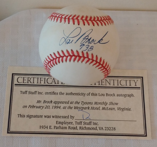 Autographed Signed ROMLB Baseball ST Tuff Stuff COA HOF Lou Brock Cardinals Cubs Inscription