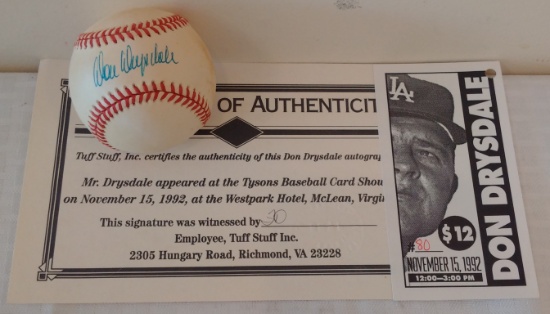 Autographed Signed ROMLB Baseball ST Tuff Stuff COA HOF Don Drysdale Dodgers