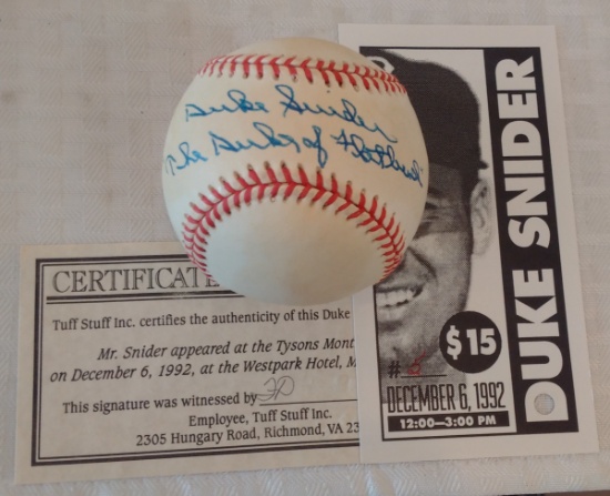 Autographed Signed ROMLB Baseball Tuff Stuff COA HOF Duke Snider Dodgers Rare Flatbush Inscription