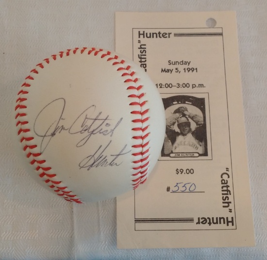 Autographed Signed Blank Baseball ST Tyson's Corner COA HOF Jim Catfish Hunter Yankees A's