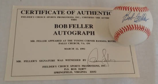 Autographed Signed ROMLB Baseball ST Tyson's Corner COA HOF Bob Feller Indians