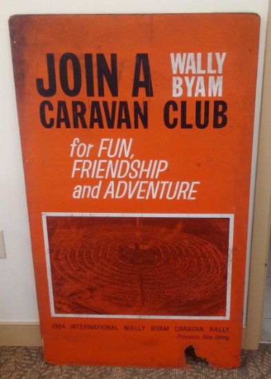 Vintage Wally Byum Caravan Club 1964 Jersey Event Field Sign 28x48 Very Rare Particle Wood Graphics