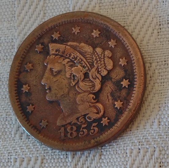 Vintage Antique U.S. Coin Large Cent 1c Braided Hair Slanted 55 Nice Condition Copper