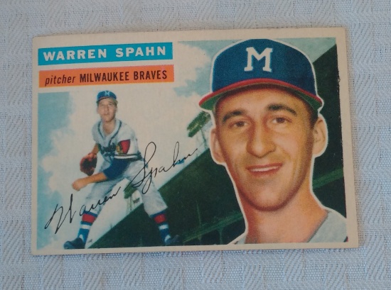 Vintage 1956 Topps Baseball Card #21 Warren Spahn Braves HOF Key Card White Back Nice