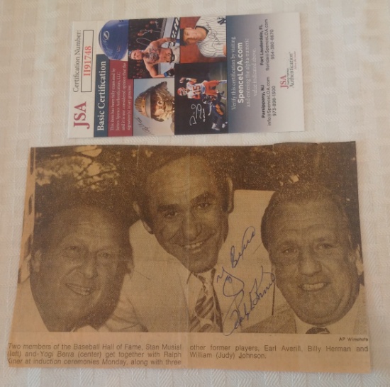 Yogi Berra & Ralph Kiner Dual Signed Vintage Newspaper Clipping JSA COA Yankees HOF