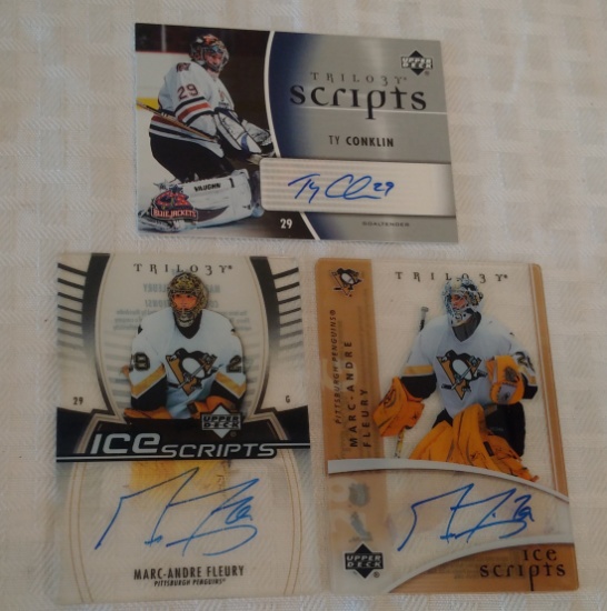 3 Autographed Signed NHL Hockey Goalie Insert Lot Mard Andre Fluery Trilogy Ice Scripts Conklin