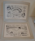 2 Carton Drawings Phillies Ballpark Art Lot Shibe Park Connie Mack Veterans Stadium 16x20 Nice Decor