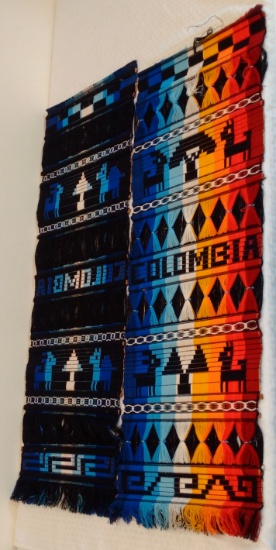 2 Vintage Handmade Art Columbia Columbia Tapestry Hand Made Wall Hanging Black Orange Blue 15x38''