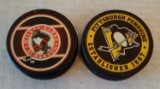 2 NHL Hockey Puck Lot Pittsburgh Penguins Scranton Wilkes Barre AHL