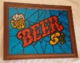 Vintage 1970s 1980s Glitter Foil Art Beer 5c Framed Art Man Cave Bar Glass Wooden 11x14