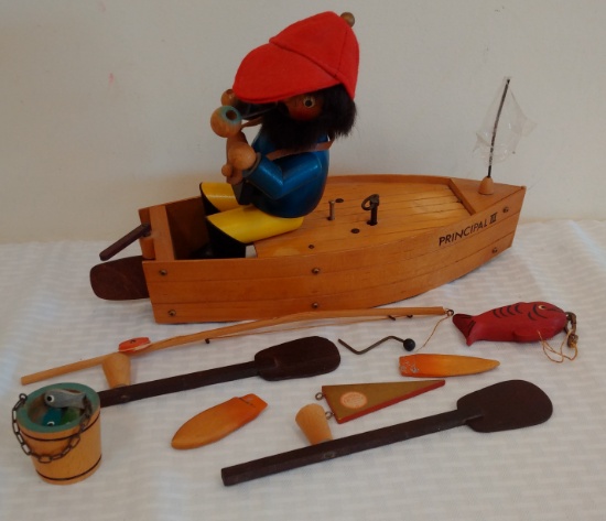 Very Rare Vintage Wooden Steinbach Boat Fisherman Music Box Smoker West Germany Original Reuge Parts