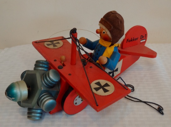 Very Rare Vintage Wooden Fokker DR-1 Red Baron Airplane Music Box Smoker West Germany Original Reuge
