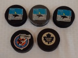 5 Official NHL Hockey Puck Lot 1995 All Star Maple Leafs 1993 Stanley Cup
