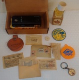 Misc Collectibles Lot Avon Ansco Camera Stamps Keychain Patch Skoal Leather Snuff Tobacco Pouch