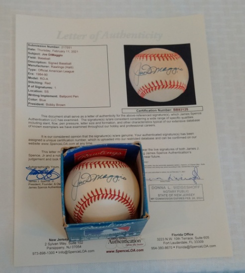 Joe DiMaggio Autographed Signed ROMLB Baseball JSA LOA Yankees HOF Rawlings Bobby Brown OAL