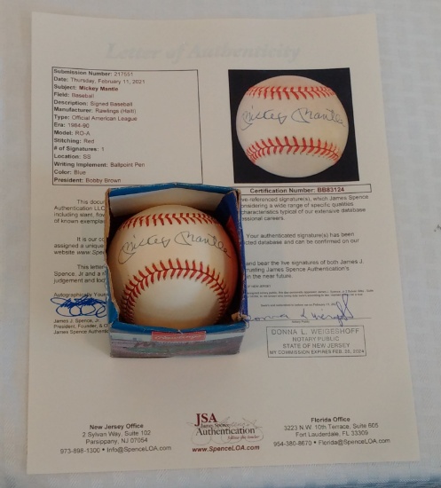 Mickey Mantle Autographed Signed ROMLB Baseball JSA LOA Yankees HOF Rawlings Bobby Brown OAL