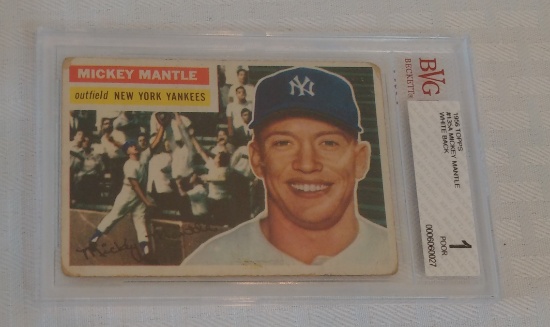 Vintage 1956 Topps Baseball Card #135 Mickey Mantle White Back Yankees HOF Beckett GRADED 1 Poor
