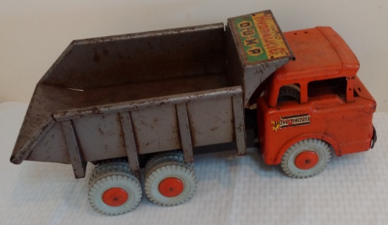 Vintage Marx Pressed Steel Metal Dump Truck Hydraulic Powerhouse Orange Gray