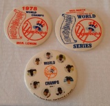 3 Vintage Jumbo Yankees World Series AL Champions Button Pin Lot Munson Reggie Martin 1977 1978 1979