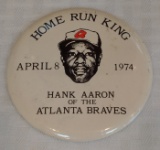 Vintage Baseball Stadium Pin Button 3'' Round Hank Aaron Braves HOF 1974 Home Run King