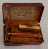 Vintage Antique Gold Tone Gillette Straight Razor Set w/ Blades Case Holder Patent Date 1920