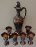 Vintage Crescent Wine Decanter Metal w/ Stopper 6 Goblet Glasses Set