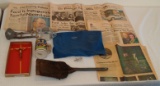 Vintage Collectibles Lot Jesus Cross Jewelry Bag Newspapers Old Antique Flag Pole Holder Shovel