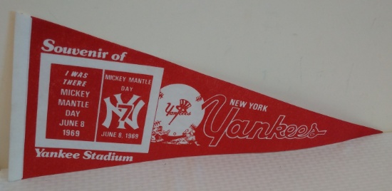 Vintage 1969 Mickey Mantle Day Original Full Size Pennant Yankees Stadium Souvenir Baseball