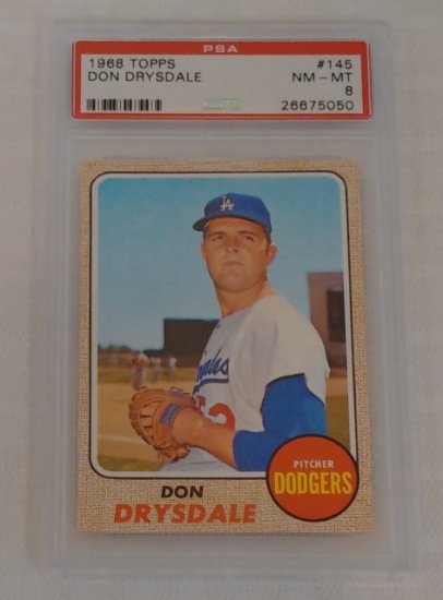 Vintage 1968 Topps Baseball Card #145 Don Drysdale Dodgers HOF PSA GRADED 8 NRMT MINT Slabbed