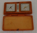 Vintage Mauthe Mid Century Travel Alarm Clock Thermometer Barometer Folds Case