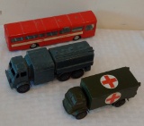 3 Vintage Metal Dinky Toys Truck Lot Military Ambulance Red Arrow Bus Tanker