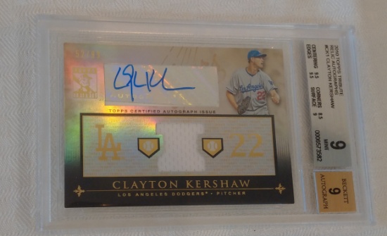 2010 Topps Tribute Relic Jersey Autographs Card Clayton Kershaw BGS GRADED 9 MINT Dodgers 52/99 Auto